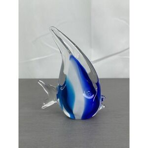 Vintage Murano Style Blue White Striped‎ Glass Angelfish Paperweight Figurine